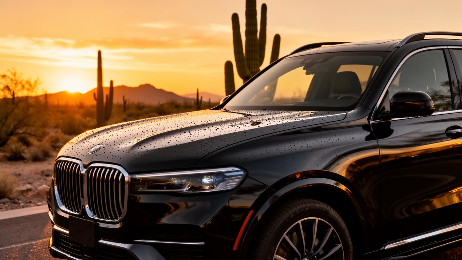Freshly detailed black luxury SUV in Tucson at sunset